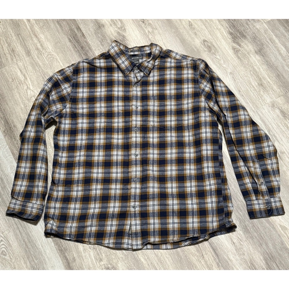 Eddie Bauer Mens Xl Relaxed Fit Blue Tan Gray Plaid Thick Flannel 100% Cotton